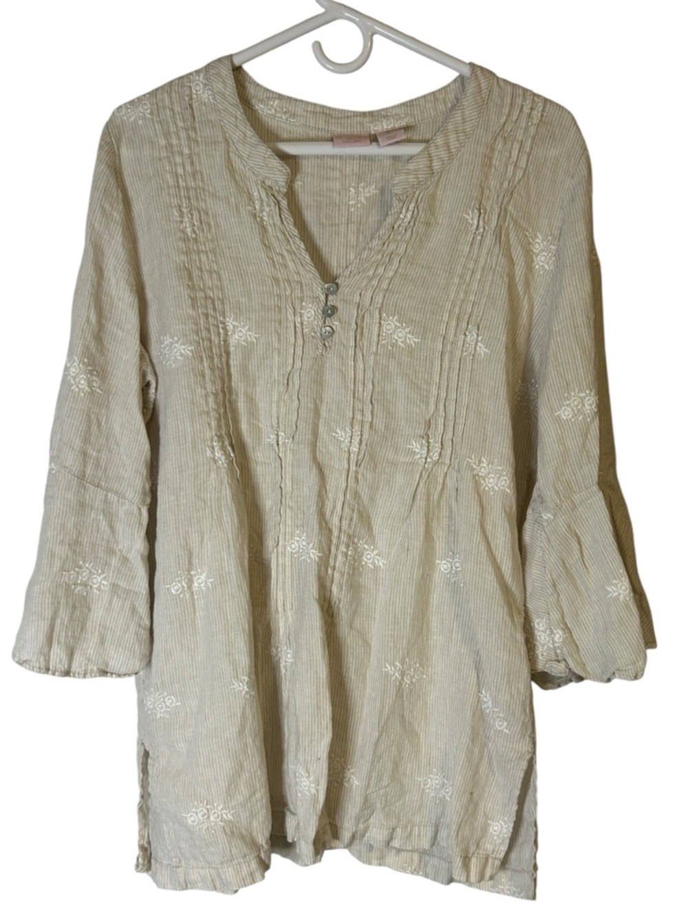 St. Tropez West 100% Linen Embroidered Tan Stripe 3/4 sleeve Tunic Top Size L